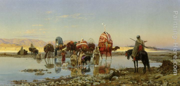 Eugene Alexis Girardet Arab Caravan Crossing A Ford Stretched Canvas Painting For Sale Paintinghere Com