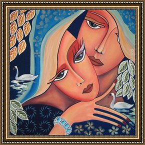 Swan Framed Paintings - 2 faces, 2 swans, 2 in love by 2011