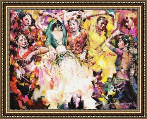Dancing in The Wind Framed Paintings - Indian Women Dancing by 2011