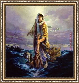 St Peter Walking on The Water Framed Paintings - Peter Sinking in Water by 2011