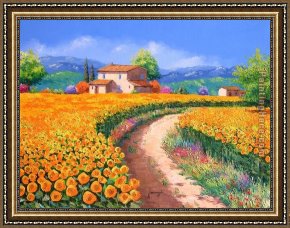 French Framed Paintings - sunflower path dreamy french landscape by 2011