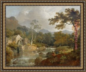Pools of Serenity Framed Paintings - Fishermen on a Bank by a Pool a Watermill Beyond by 2017 new