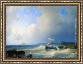 Rocky Coast Framed Paintings - A Rocky Coast by Abraham Hulk Snr