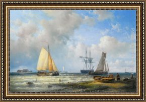 The Meeting of Abraham And Melchizedek Framed Paintings - Dutch Barges in a Calm by Abraham Hulk Snr
