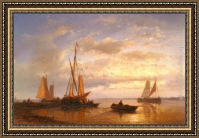The Meeting of Abraham And Melchizedek Framed Paintings - Dutch Fishing Vessels In A Calm At Sunset by Abraham Hulk Snr