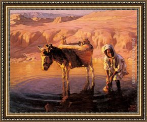 Cattle Watering at Dusk Framed Paintings - At the Watering Hole by Adam Styka