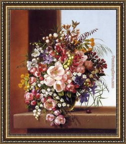 A Bouquet of Roses And Other Flowers in a Glass Goblet with a Chinese Lacquer Box And a Nautilus Cup on a Red Velvet Draped Table Framed Paintings - Flowers in a Glass Bowl by Adelheid Dietrich