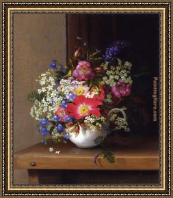 Floral Still Life in a Blue And White Porcelain Vase Framed Paintings - Still Life with Dog Roses_ Larkspur and Bell Flowers in a White Cup by Adelheid Dietrich