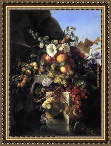 Flower of Life Framed Paintings - Still Life with Grapes_ Peaches_ Flowers and a Butterfly by Adelheid Dietrich
