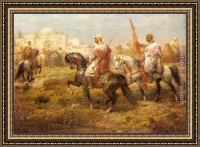 Arabs Crossing The Desert Framed Paintings - Arab Cavalry Approaching an Oasis by Adolf Schreyer