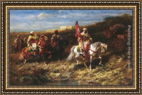 Arabs Crossing The Desert Framed Paintings - Arab Horseman In A Landscape by Adolf Schreyer