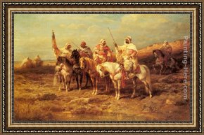 Arabs Crossing The Desert Framed Paintings - Arab Horsemen by a Watering Hole by Adolf Schreyer