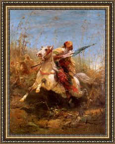 Arabs Crossing The Desert Framed Paintings - Arab Warrior Leading A Charge by Adolf Schreyer