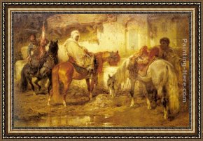 Calves Watering Framed Paintings - At the Watering Place by Adolf Schreyer
