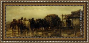 Group of Horses Framed Paintings - Hitching Horses by Adolf Schreyer