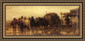 Group of Horses Framed Paintings - Hitching Horses to the Wagon by Adolf Schreyer