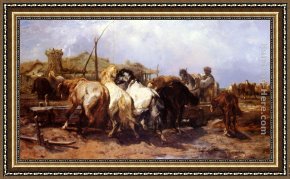 Cattle Watering at Dusk Framed Paintings - The Watering Place by Adolf Schreyer