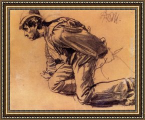 Color Study of Squares Framed Paintings - Study Of  A Laboror by Adolph von Menzel