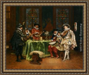 The Interior of a Tavern with Peasants Cavorting And Drinking Framed Paintings - Interior with Troubadours by Adolphe Alexandre Lesrel