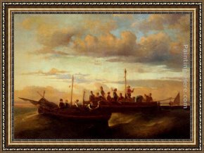 Cattle Watering at Dusk Framed Paintings - Italian Fishing Vessels at Dusk by Adolphe Monticelli