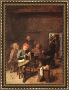 The Interior of a Tavern with Peasants Cavorting And Drinking Framed Paintings - Peasants Smoking and Drinking by Adriaen Brouwer