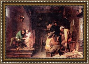 Tavern of The Crescent Moon Framed Paintings - Tavern Scene by Adriaen Brouwer