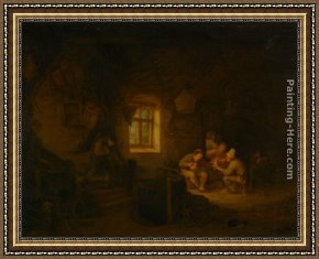 Tavern of The Crescent Moon Framed Paintings - A Tavern Interior with Peasants Drinking Beneath a Window by Adriaen van Ostade