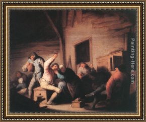 Tavern of The Crescent Moon Framed Paintings - Carousing Peasants in a Tavern by Adriaen van Ostade