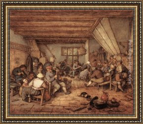 Tavern of The Crescent Moon Framed Paintings - Feasting Peasants in a Tavern by Adriaen van Ostade