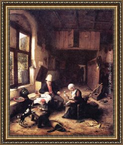 Peasants at Their Cottage Door Framed Paintings - Inside a Peasant's Cottage by Adriaen van Ostade