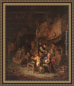 The Interior of a Tavern with Peasants Cavorting And Drinking Framed Paintings - Interior with a Peasant Family by Adriaen van Ostade