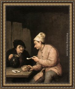 Tavern of The Crescent Moon Framed Paintings - Piping and Drinking in the Tavern by Adriaen van Ostade
