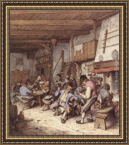 Tavern of The Crescent Moon Framed Paintings - Tavern Interior by Adriaen van Ostade