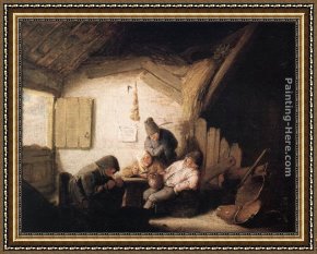 Tavern of The Crescent Moon Framed Paintings - Village Tavern with Four Figures by Adriaen van Ostade