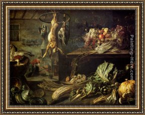 The King And The Beggar-maid Framed Paintings - Kitchen Interior With Still Life, Maid By The Fire by Adrian van Utrecht