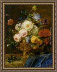 Floral Still Life in a Blue And White Porcelain Vase Framed Paintings - A Still Life with Flowers in a Golden Vase by Adriana-Johanna Haanen