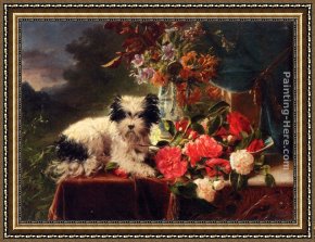 Terriers Framed Paintings - Camellias And A Terrier On A Console by Adriana-Johanna Haanen