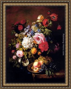 A Bouquet of Roses And Other Flowers in a Glass Goblet with a Chinese Lacquer Box And a Nautilus Cup on a Red Velvet Draped Table Framed Paintings - Roses, Peonies, Poppies, Tulips And Syringa In A Terracotta Pot With Peaches And Grapes On A Copper Ewer On A Draped Marble Ledge by Adriana-Johanna Haanen