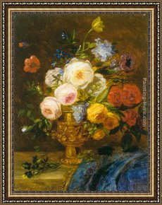 Floral Still Life in a Blue And White Porcelain Vase Framed Paintings - Still Life with Flowers in a Golden Vase by Adriana-Johanna Haanen