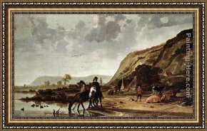 A River Landscape in Springtime Framed Paintings - Large River Landscape with Horsemen by Aelbert Cuyp