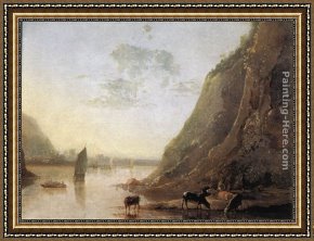 Bank Framed Paintings - River-bank with Cows by Aelbert Cuyp