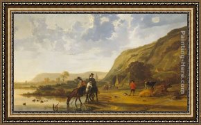 Riders Framed Paintings - River Landscape with Riders by Aelbert Cuyp
