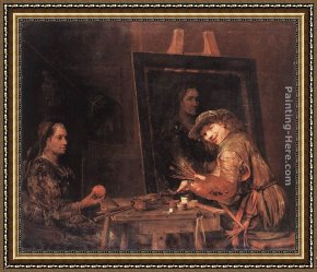 Portrait of a Woman Framed Paintings - Self-Portrait at an Easel Painting an Old Woman by Aert de Gelder