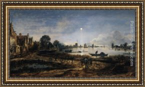 Der Jubil Framed Paintings - River View by Moonlight by Aert van der Neer