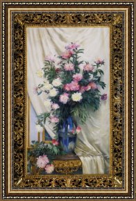 Floral Still Life in a Blue And White Porcelain Vase Framed Paintings - Peonies in a Blue Vase on a Draped Regency Giltwood Console Table by Albert Aublet
