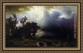 Western Trail - The Rockies Framed Paintings - Buffalo Trail by Albert Bierstadt