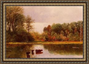 Cattle Watering at Dusk Framed Paintings - Cows Watering in a Landscape by Albert Bierstadt