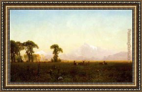 Grand Framed Paintings - Deer Grazing, Grand Tetons, Wyoming by Albert Bierstadt