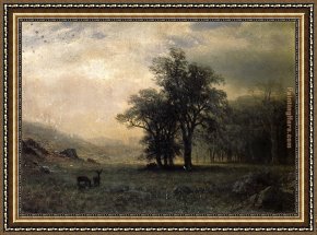 Western Landscape Framed Paintings - Deer in a Landscape by Albert Bierstadt