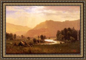 A River Landscape in Springtime Framed Paintings - Figures in a Hudson River Landscape by Albert Bierstadt